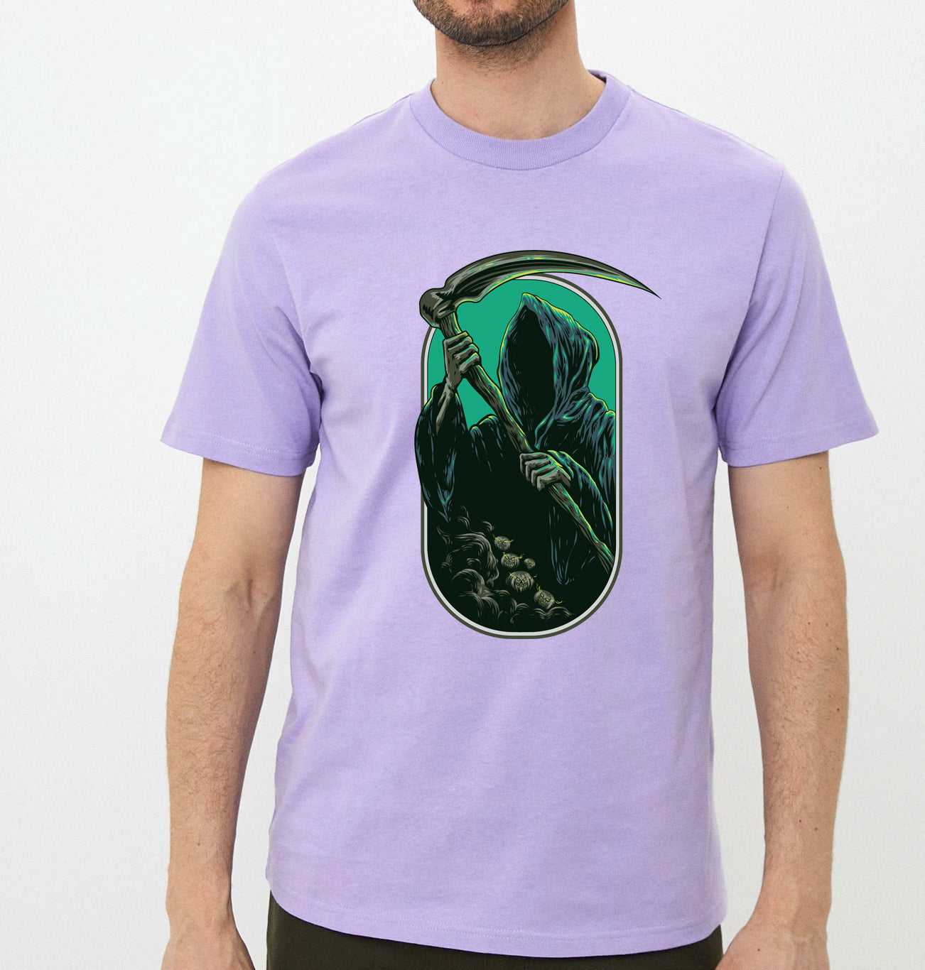 Men's Graphic Printed Premium Cotton Biowash Lavender Color T-Shirt - Devil with Axe Graphic Unisex Tee