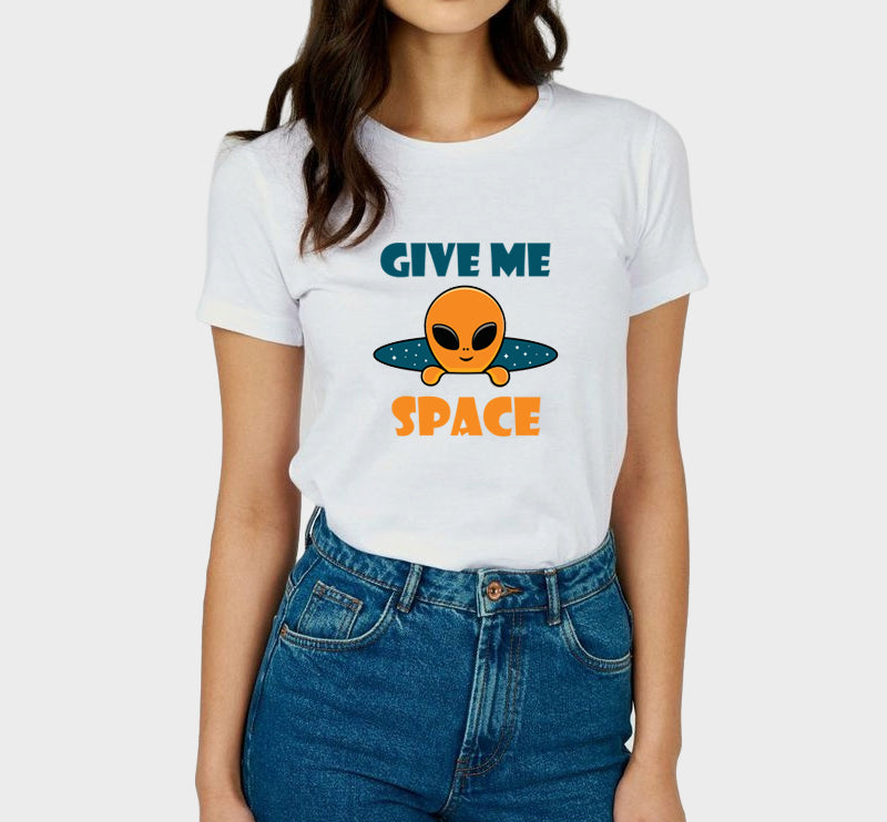 Women's Graphic Printed Premium Cotton Biowash Half Sleeves White T-Shirt - Unisex, Regular Fit, Round Neck - Give me Space with Cute Alien Graphic