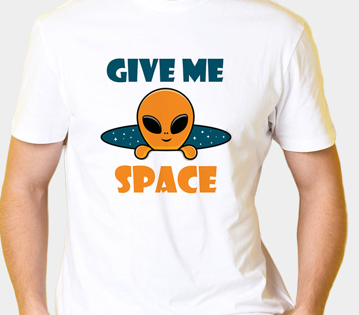 Men's Graphic Printed Premium Cotton Biowash White T-Shirt - Give me Space with Cute Alien Graphic Unisex Tee