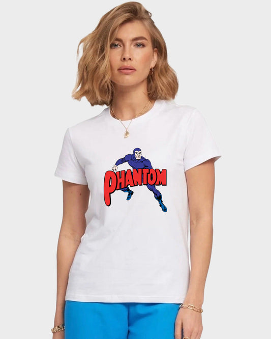Women's Graphic Printed Premium White Cotton Biowash T-Shirt - Regular Fit, Round Neck, Half Sleeves - Phantom Superhero Graphic Unisex Tee