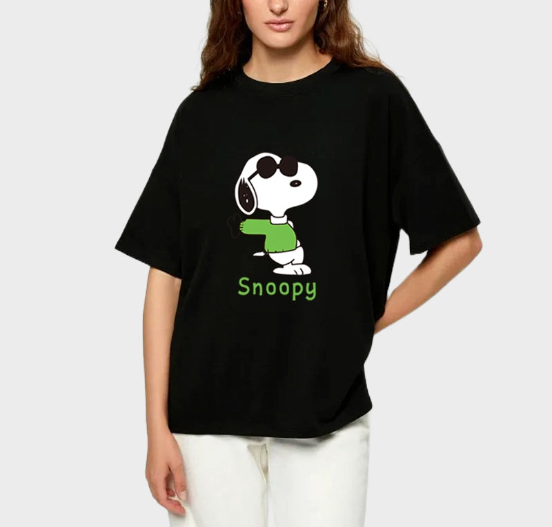 Women's Oversized Graphic Printed Premium Cotton Biowash Half Sleeves T-Shirt - Cool Snoopy Standing Graphic Unisex Tee