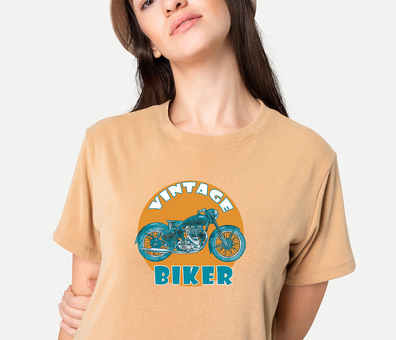 Women's Graphic Printed Cotton Biowash T-Shirt - Unisex, Regular Fit, Round Neck, Half Sleeves - Vintage Biker Graphic