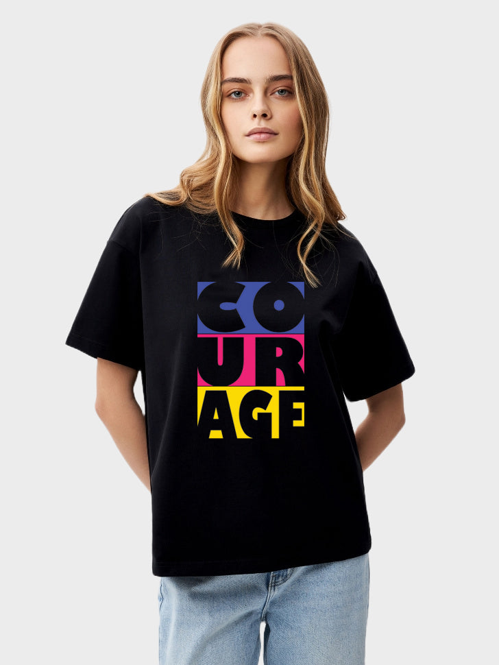 Women's Oversized Graphic Printed Premium Cotton Biowash T-Shirt - Courage Typography Unisex Tee