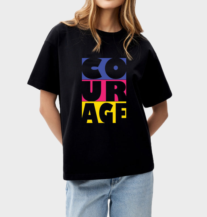 Women's Oversized Graphic Printed Premium Cotton Biowash T-Shirt - Courage Typography Unisex Tee