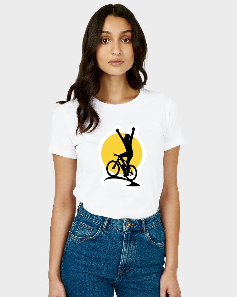 Women's Graphic Printed Premium Cotton Biowash Half Sleeves T-Shirt - Unisex, Regular Fit, Round Neck - Bicycle Winner Graphic