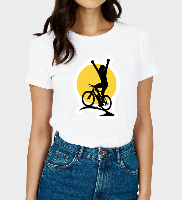 Women's Graphic Printed Premium Cotton Biowash Half Sleeves T-Shirt - Unisex, Regular Fit, Round Neck - Bicycle Winner Graphic