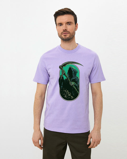 Men's Graphic Printed Premium Cotton Biowash Lavender Color T-Shirt - Devil with Axe Graphic Unisex Tee