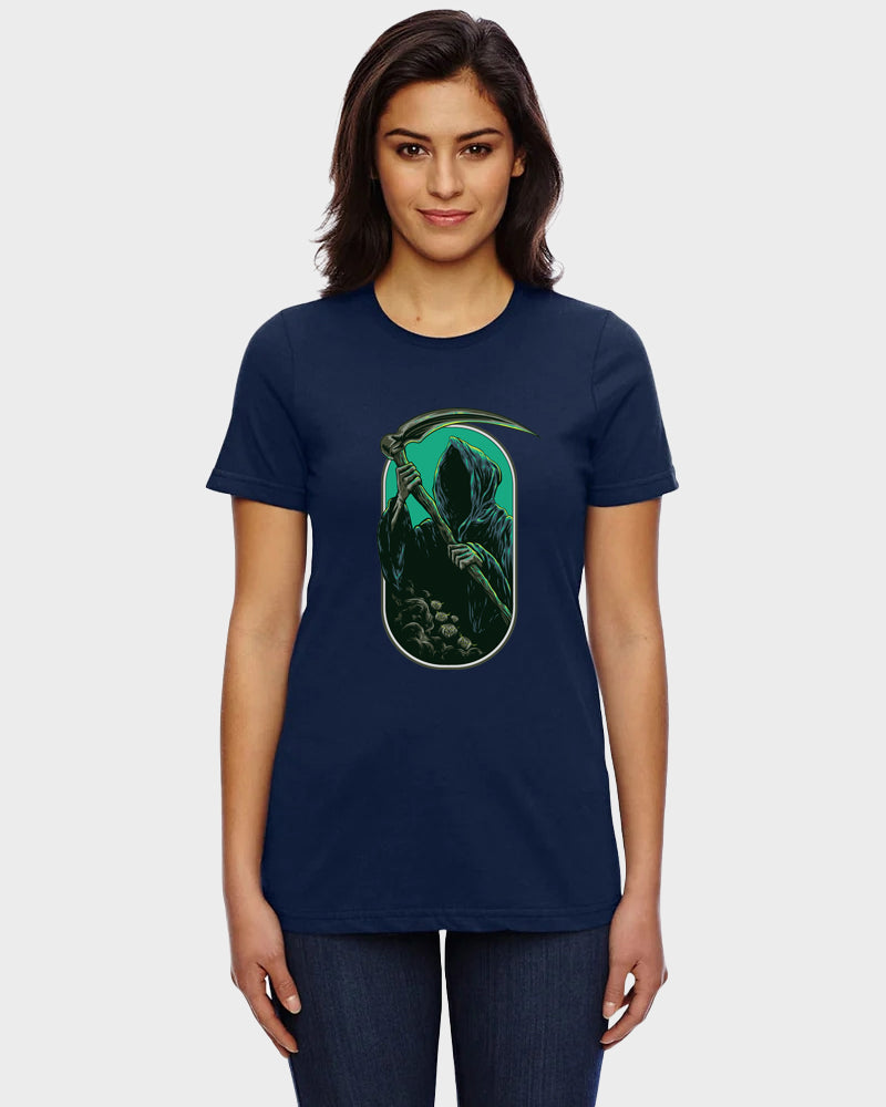 Women's Graphic Printed Premium Navy Blue Cotton Biowash T-Shirt - Devil with Axe Graphic Unisex Tee