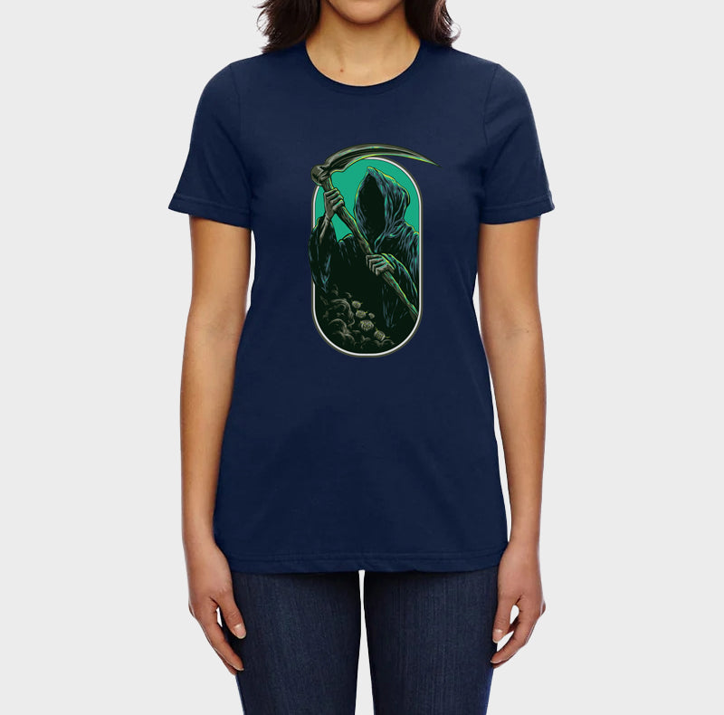 Women's Graphic Printed Premium Navy Blue Cotton Biowash T-Shirt - Devil with Axe Graphic Unisex Tee