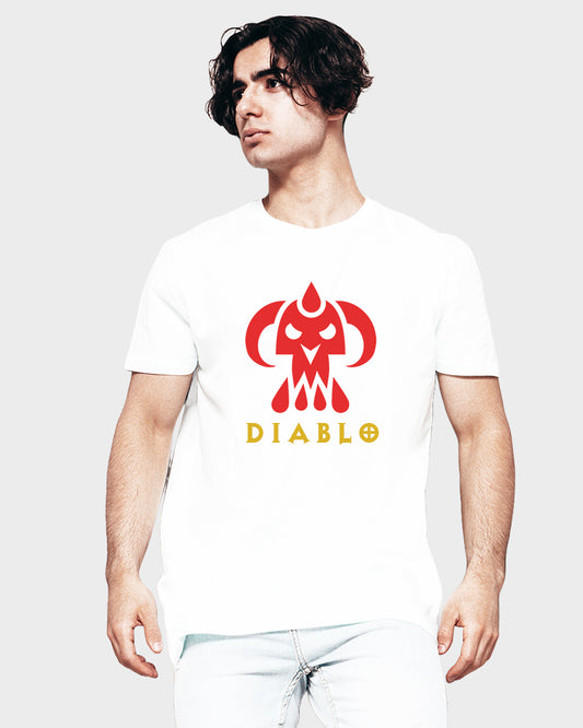 Men's Graphic Printed Premium Cotton Biowash T-Shirt - Diablo Game Skull Graphic Unisex Tee