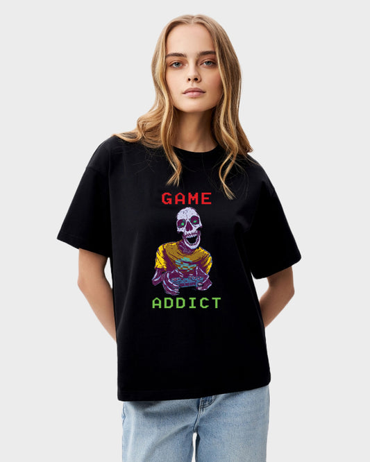 Women's Oversized Graphic Printed Premium Black Cotton Biowash T-Shirt - Game Addict Graphic Unisex Tee