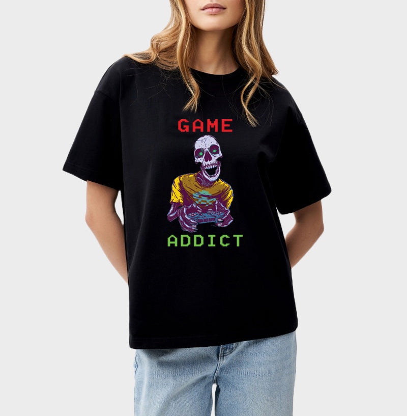 Women's Oversized Graphic Printed Premium Black Cotton Biowash T-Shirt - Game Addict Graphic Unisex Tee