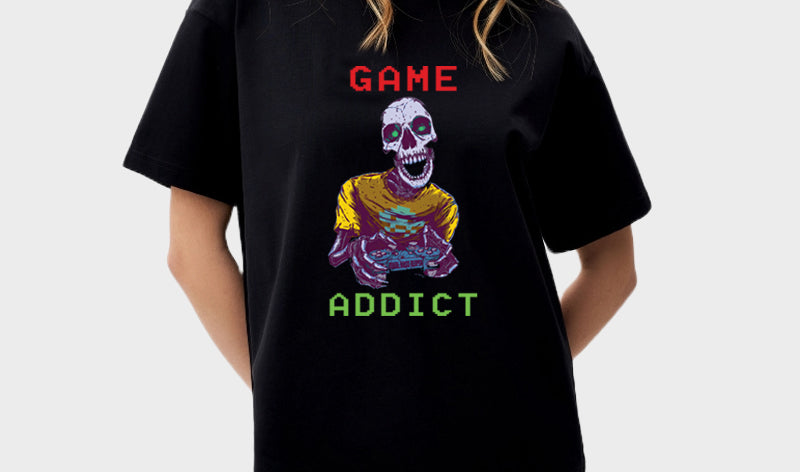 Women's Oversized Graphic Printed Premium Black Cotton Biowash T-Shirt - Game Addict Graphic Unisex Tee