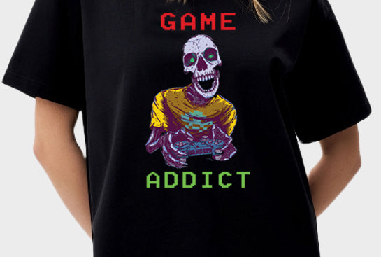 Women's Oversized Graphic Printed Premium Black Cotton Biowash T-Shirt - Game Addict Graphic Unisex Tee