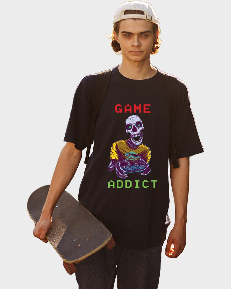 Men's Oversized Graphic Printed Premium Cotton Biowash Half Sleeves T-Shirt - Game Addict Graphic