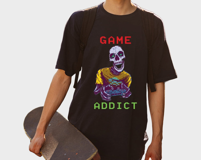 Men's Oversized Graphic Printed Premium Cotton Biowash Half Sleeves T-Shirt - Game Addict Graphic