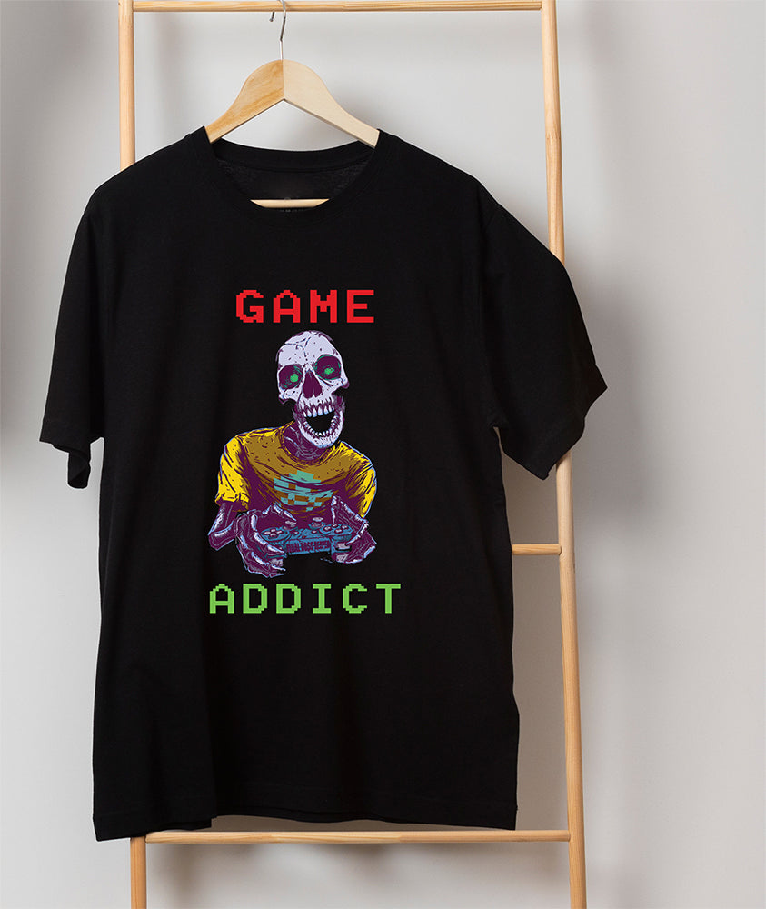 Men's Oversized Graphic Printed Premium Cotton Biowash Half Sleeves T-Shirt - Game Addict Graphic