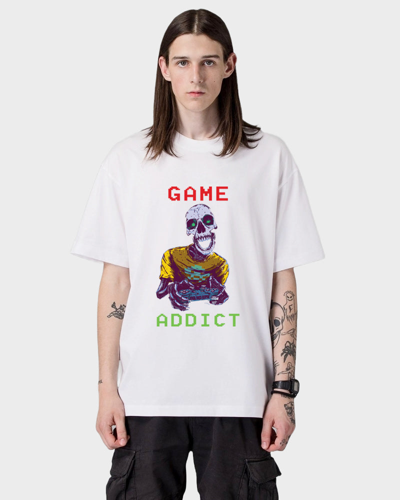 Men's Oversized Graphic Printed Premium Cotton Biowash Half Sleeves T-Shirt - Game Addict Graphic