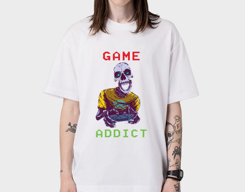 Men's Oversized Graphic Printed Premium Cotton Biowash Half Sleeves T-Shirt - Game Addict Graphic