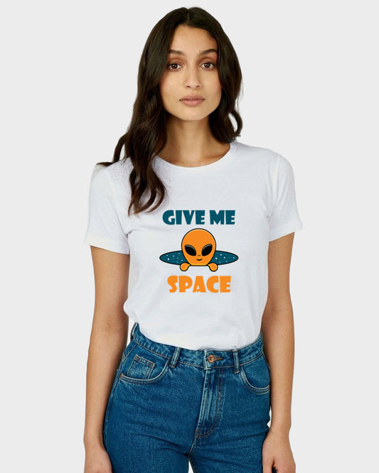 Women's Graphic Printed Premium Cotton Biowash Half Sleeves White T-Shirt - Unisex, Regular Fit, Round Neck - Give me Space with Cute Alien Graphic