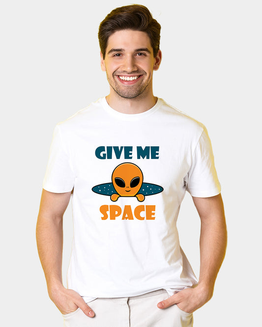 Men's Graphic Printed Premium Cotton Biowash White T-Shirt - Give me Space with Cute Alien Graphic Unisex Tee