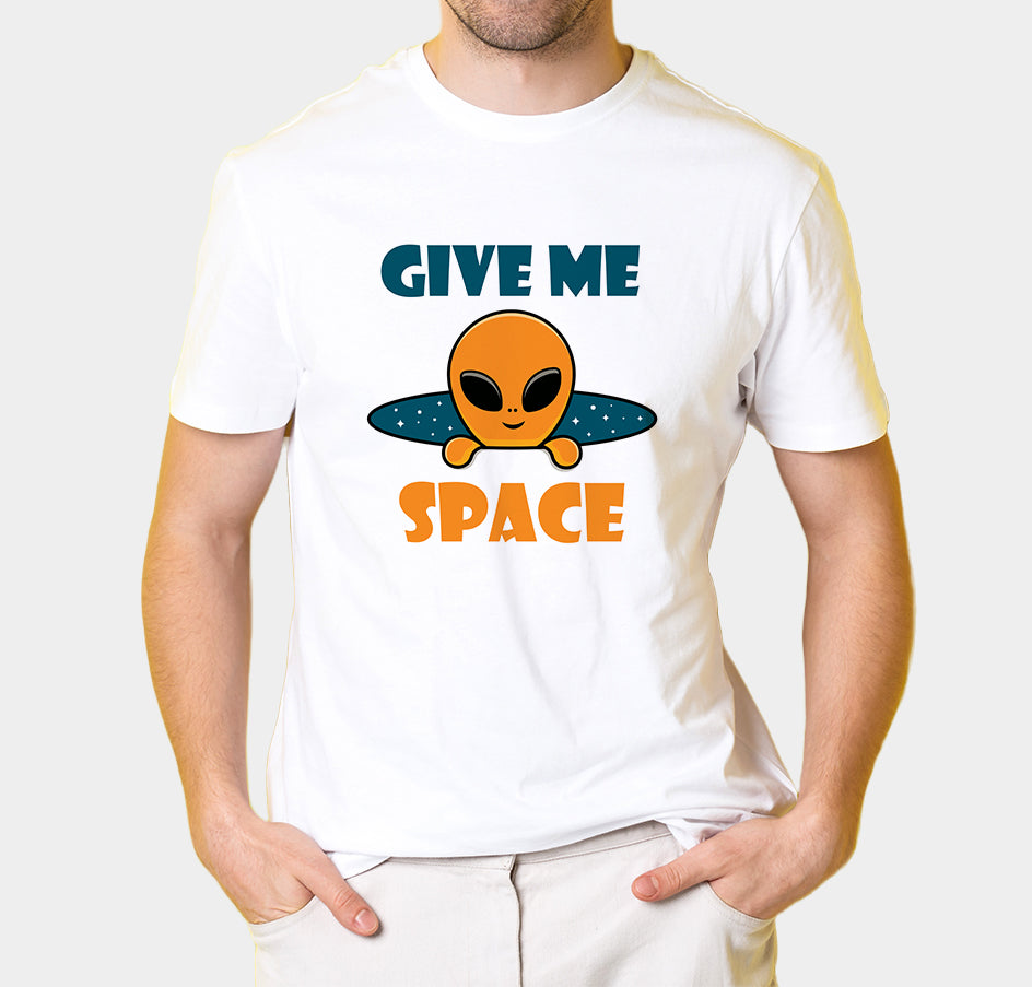 Men's Graphic Printed Premium Cotton Biowash White T-Shirt - Give me Space with Cute Alien Graphic Unisex Tee