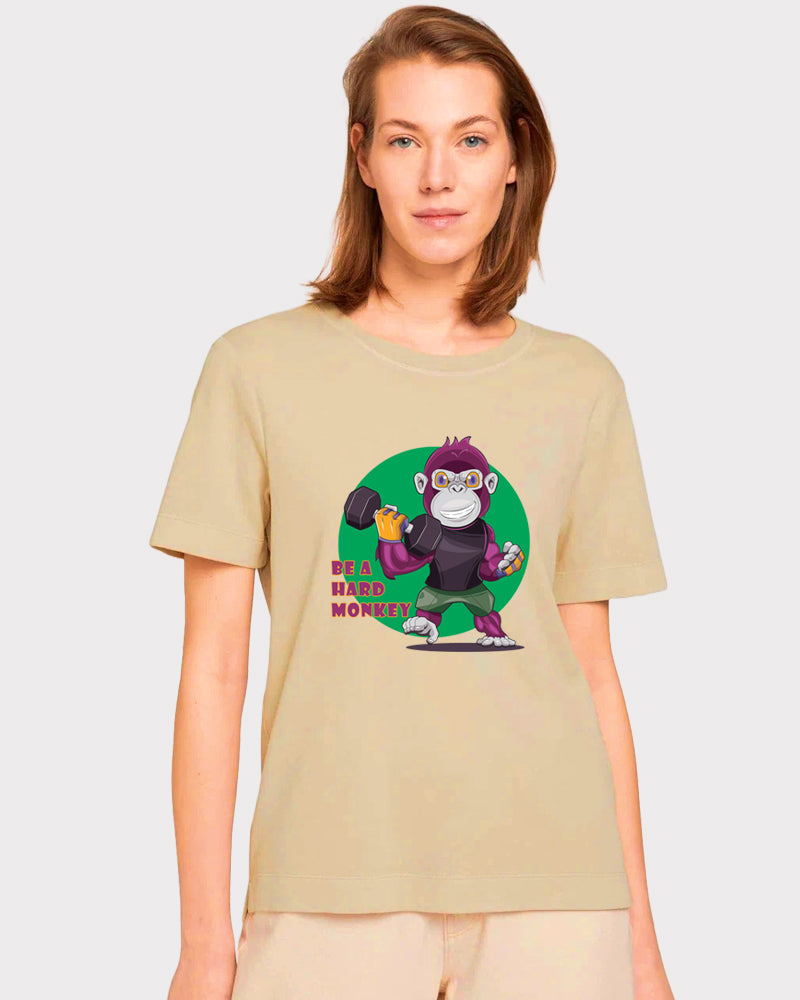 Women's Graphic Printed Premium Cotton Biowash Beige Color T-Shirt - Be a Hard Monkey Graphic Unisex Tee