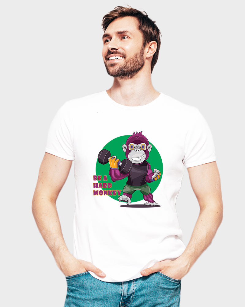 Men's Graphic Printed Premium Cotton Biowash White Color T-Shirt - Be a Hard Monkey Graphic Unisex Tee