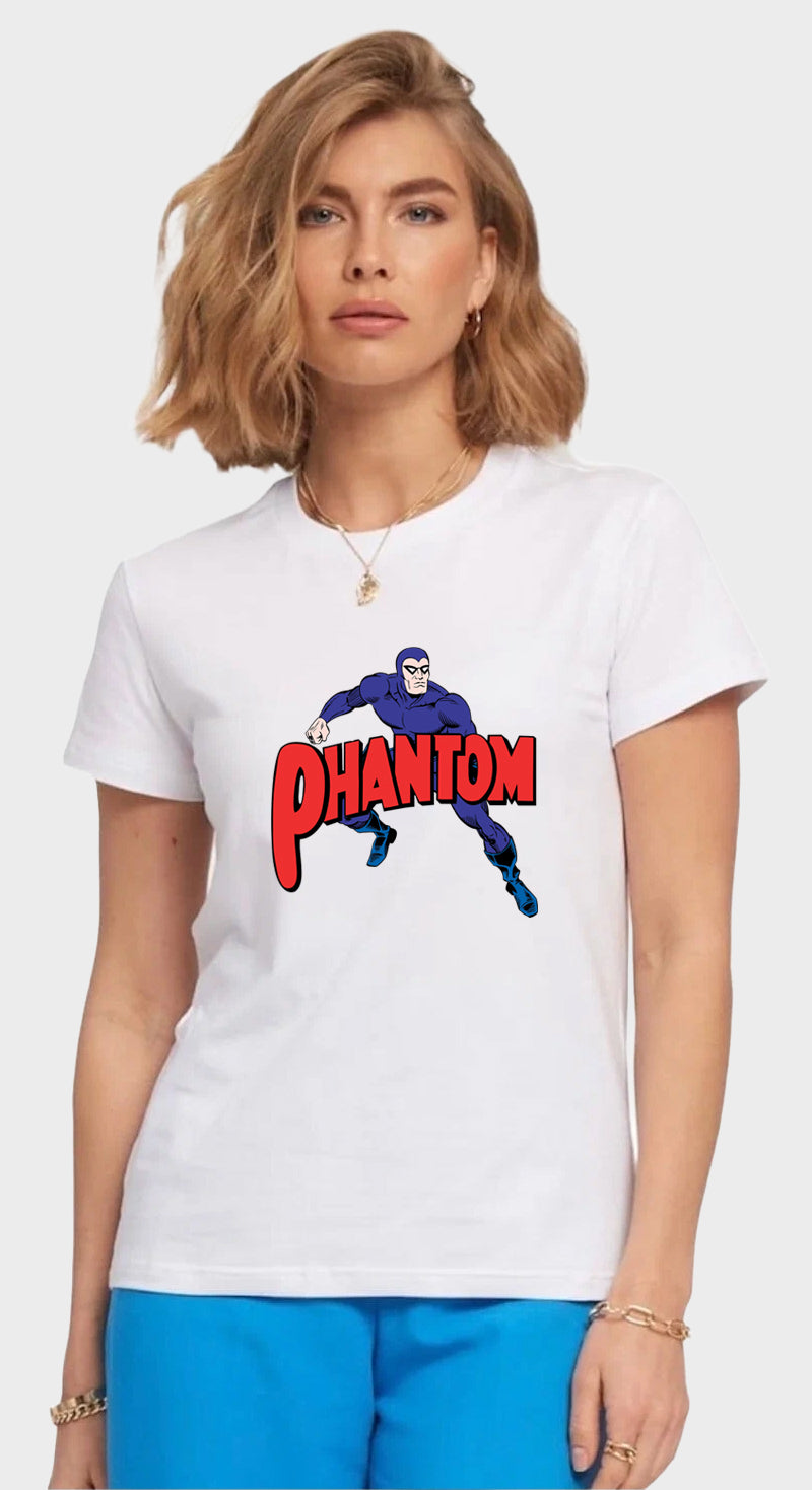 Women's Graphic Printed Premium White Cotton Biowash T-Shirt - Regular Fit, Round Neck, Half Sleeves - Phantom Superhero Graphic Unisex Tee