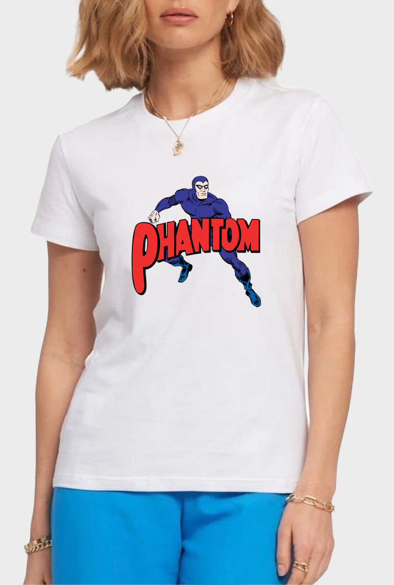 Women's Graphic Printed Premium White Cotton Biowash T-Shirt - Regular Fit, Round Neck, Half Sleeves - Phantom Superhero Graphic Unisex Tee