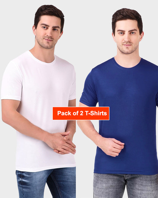 Men's Gym and Sports Plain White and Navy Blue Color T-Shirts Combo - Pack of 2 T-Shirts