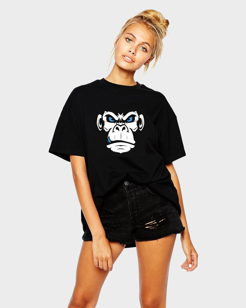 Women's Oversized Black Graphic Printed Premium Cotton Biowash Half Sleeves T-Shirt - Raging Gorilla Face Graphic Unisex Tee