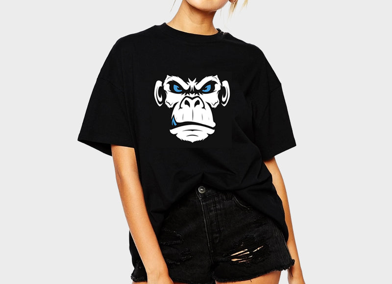 Women's Oversized Black Graphic Printed Premium Cotton Biowash Half Sleeves T-Shirt - Raging Gorilla Face Graphic Unisex Tee