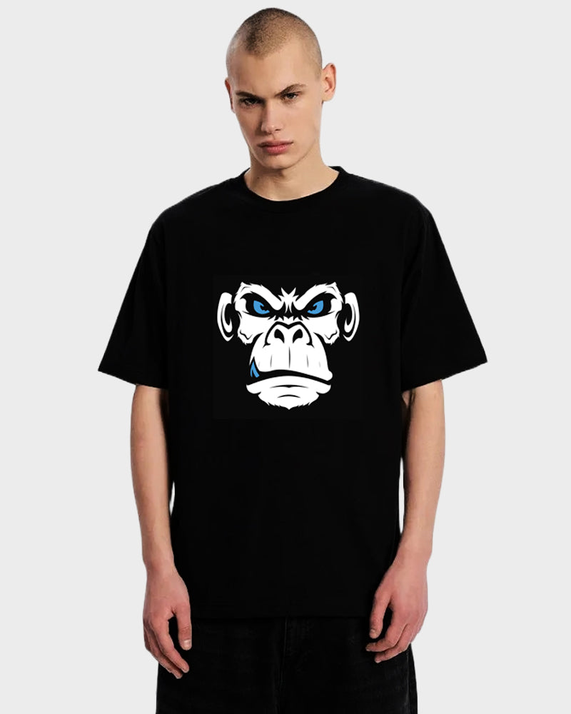 Men's Oversized Black Graphic Printed Premium Cotton Biowash Half Sleeves T-Shirt - Raging Gorilla Face Graphic Unisex Tee