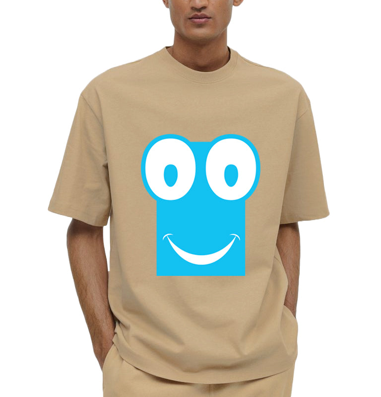 Men's Oversized Graphic Printed Premium Cotton Biowash Half Sleeves T-Shirt - Cute Wide-Eyed Smiley face Graphic T-Shirt