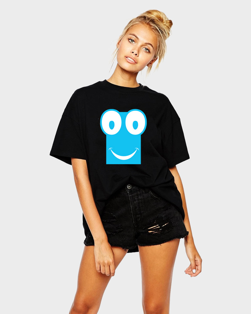 Women's Oversized Graphic Printed Premium Cotton Biowash T-Shirt - Cute Wide-Eyed Smiley face Graphic Unisex Tee