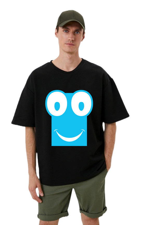 Men's Oversized Graphic Printed Premium Cotton Biowash Half Sleeves T-Shirt - Cute Wide-Eyed Smiley face Graphic T-Shirt