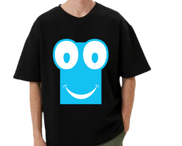 Men's Oversized Graphic Printed Premium Cotton Biowash Half Sleeves T-Shirt - Cute Wide-Eyed Smiley face Graphic T-Shirt