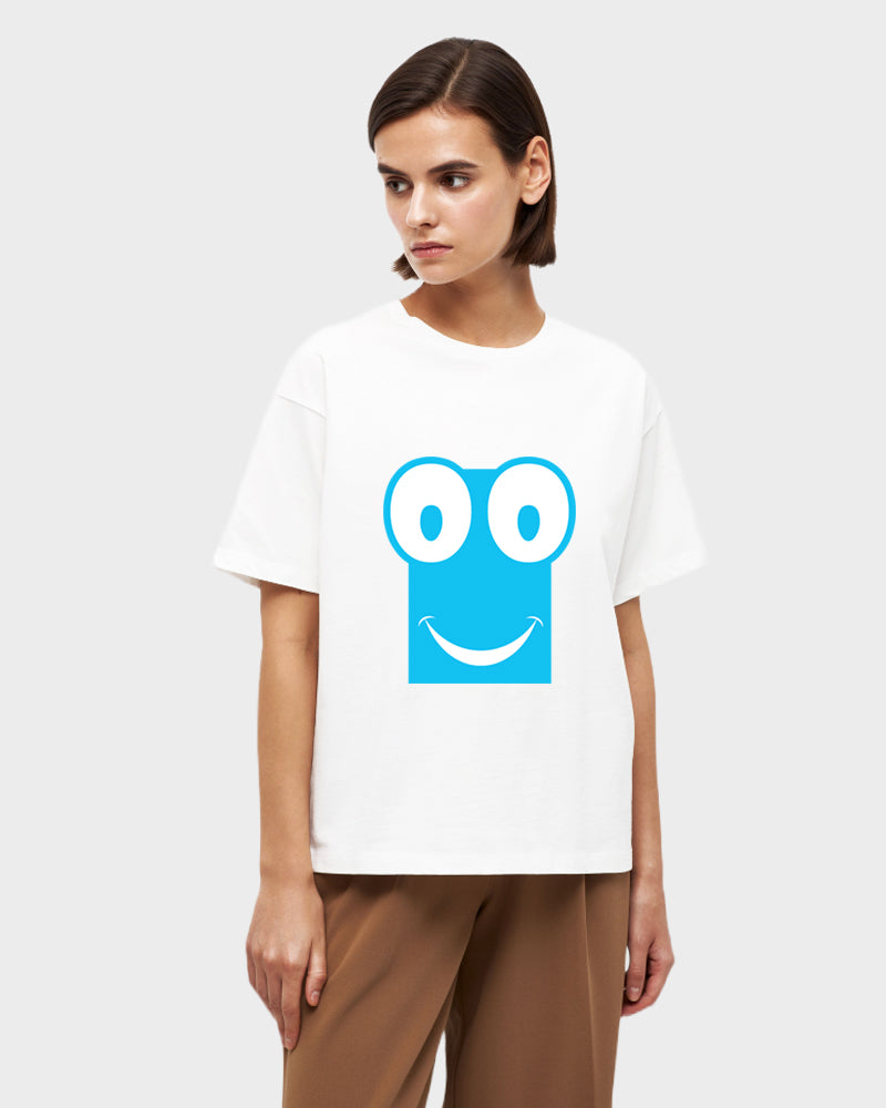 Women's Oversized Graphic Printed Premium Cotton Biowash T-Shirt - Cute Wide-Eyed Smiley face Graphic Unisex Tee