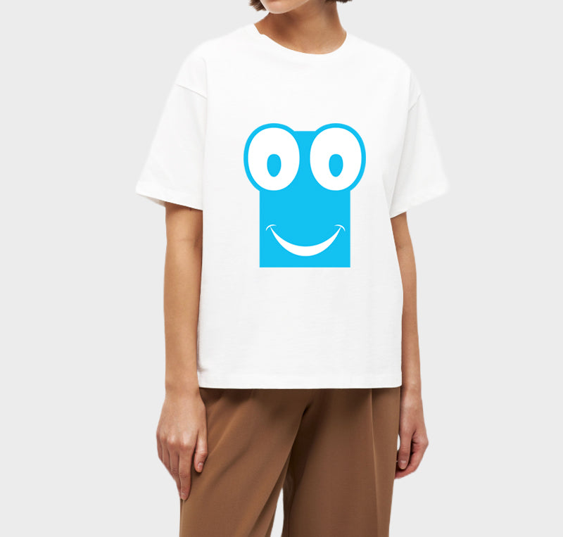 Women's Oversized Graphic Printed Premium Cotton Biowash T-Shirt - Cute Wide-Eyed Smiley face Graphic Unisex Tee