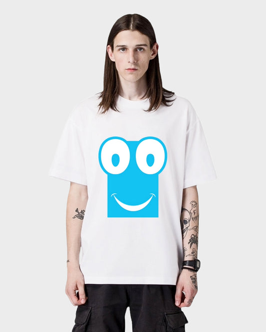 Men's Oversized Graphic Printed Premium Cotton Biowash Half Sleeves T-Shirt - Cute Wide-Eyed Smiley face Graphic T-Shirt