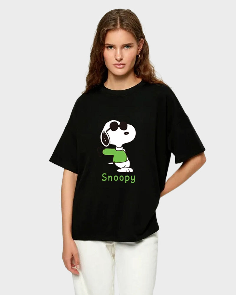 Women's Oversized Graphic Printed Premium Cotton Biowash Half Sleeves T-Shirt - Cool Snoopy Standing Graphic Unisex Tee