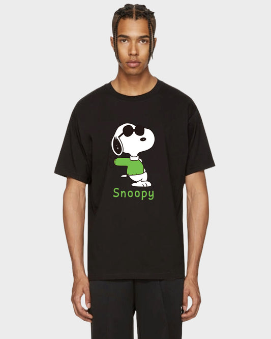 Men's Oversized Graphic Printed Premium Black Cotton Biowash Half Sleeves T-Shirt - Cool Snoopy Standing Graphic Unisex Tee