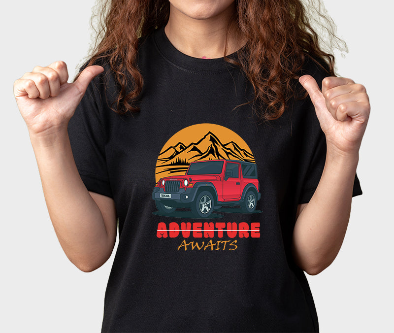 Women's Graphic Printed Premium Cotton Biowash Half Sleeves T-Shirt - Unisex, Regular Fit, Round Neck, Half Sleeves - Thar Adventure Awaits