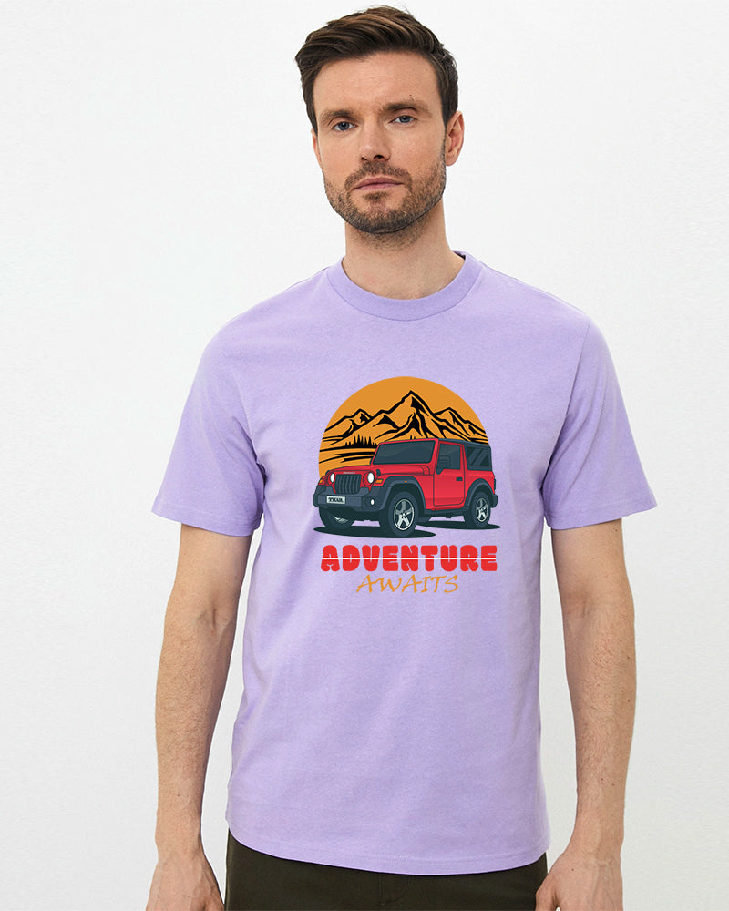 Men's Graphic Printed Premium Cotton Lavender Color T-Shirt - Thar Adventure Awaits Graphic Unisex Tee