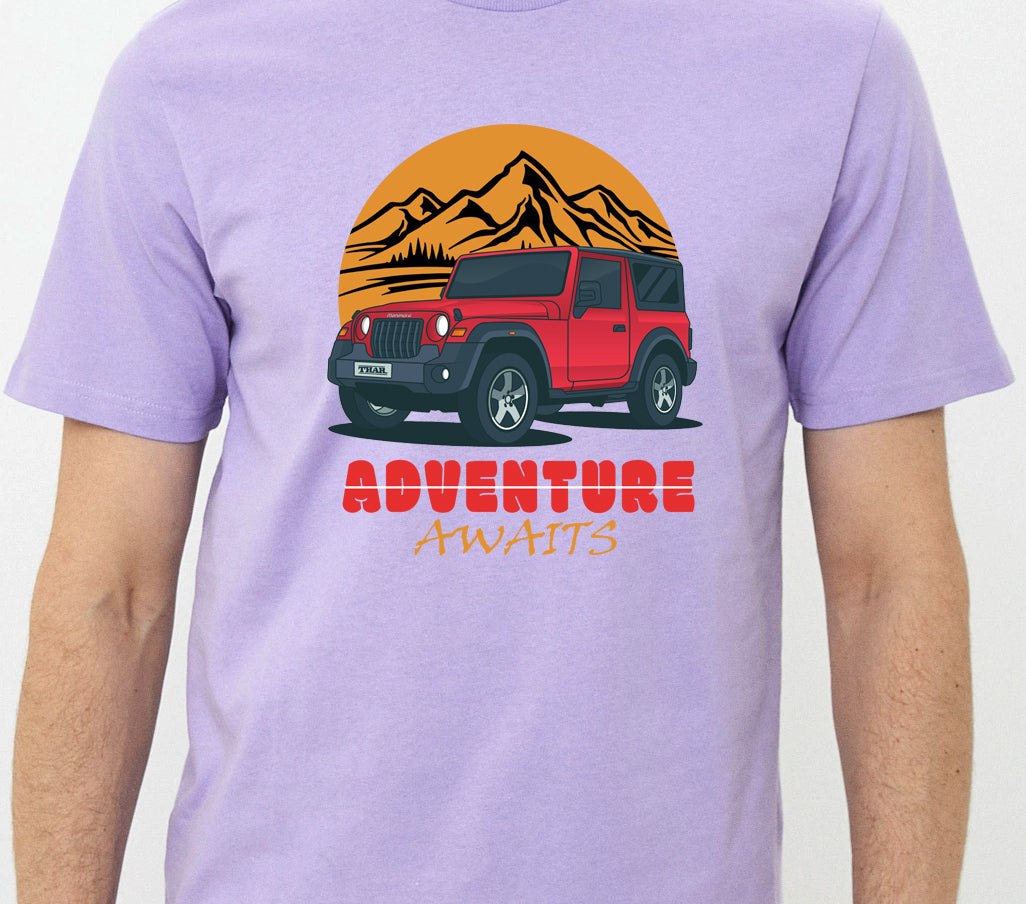 Men's Graphic Printed Premium Cotton Lavender Color T-Shirt - Thar Adventure Awaits Graphic Unisex Tee