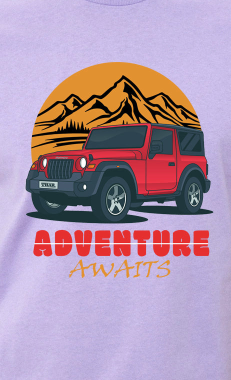 Men's Graphic Printed Premium Cotton Lavender Color T-Shirt - Thar Adventure Awaits Graphic Unisex Tee