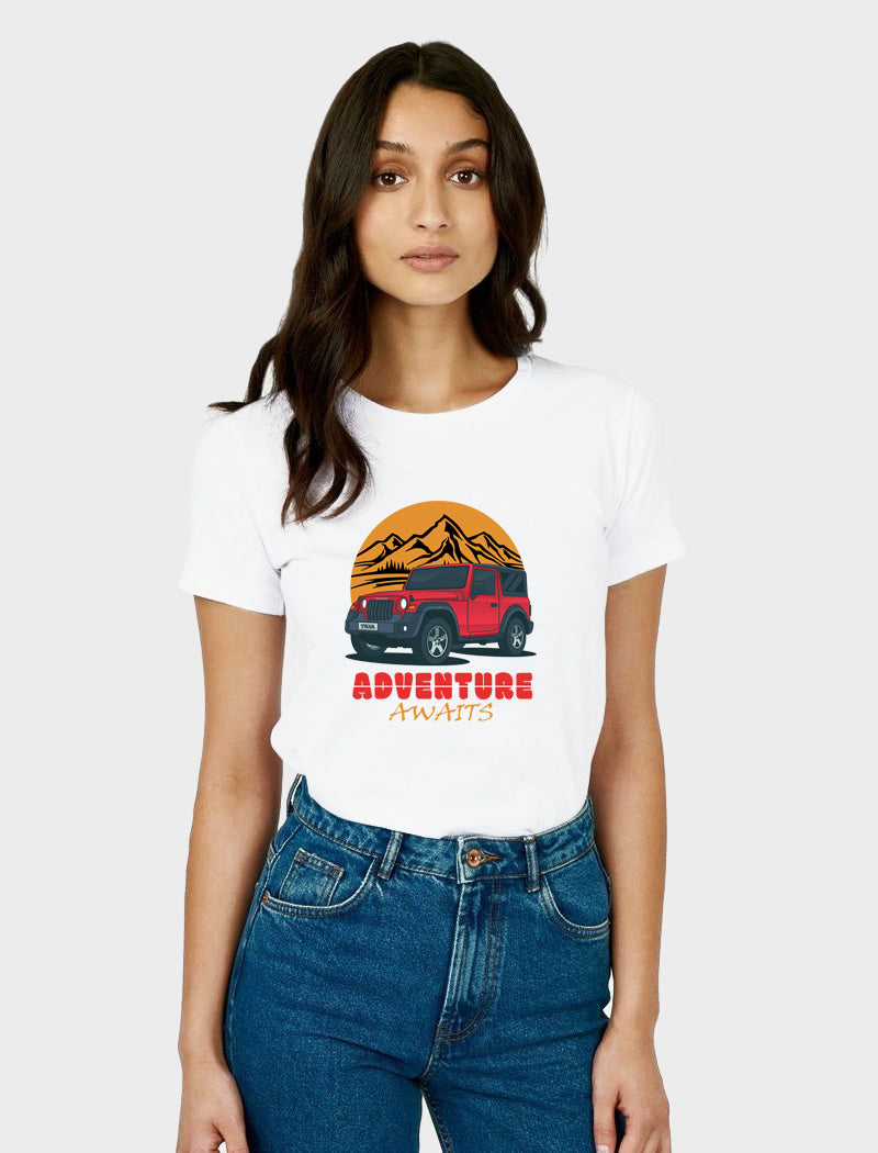 Women's Graphic Printed Premium Cotton Biowash Half Sleeves T-Shirt - Unisex, Regular Fit, Round Neck, Half Sleeves - Thar Adventure Awaits