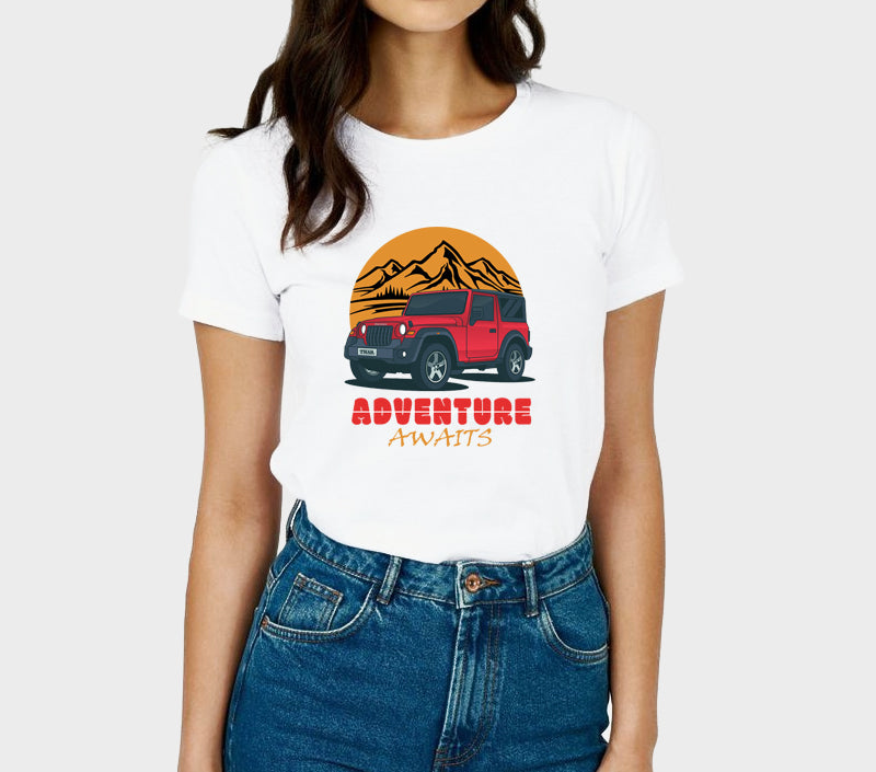 Women's Graphic Printed Premium Cotton Biowash Half Sleeves T-Shirt - Unisex, Regular Fit, Round Neck, Half Sleeves - Thar Adventure Awaits