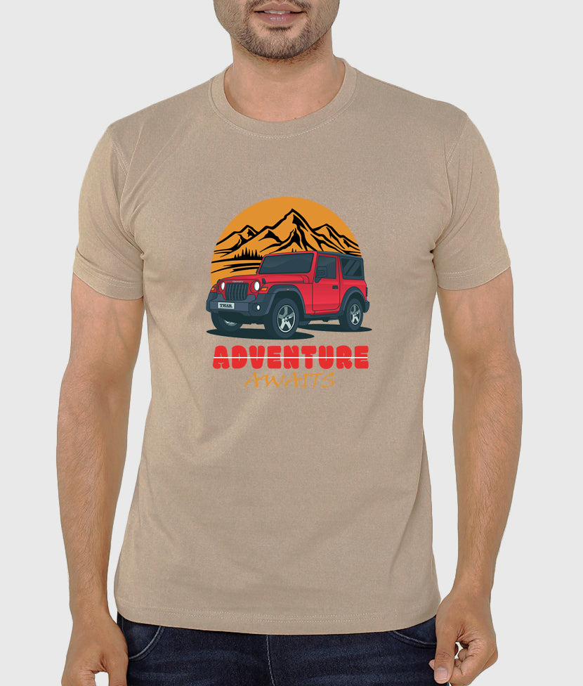 Men's Graphic Printed Premium Cotton Biowash Half Sleeves T-Shirt - Thar Adventure Awaits